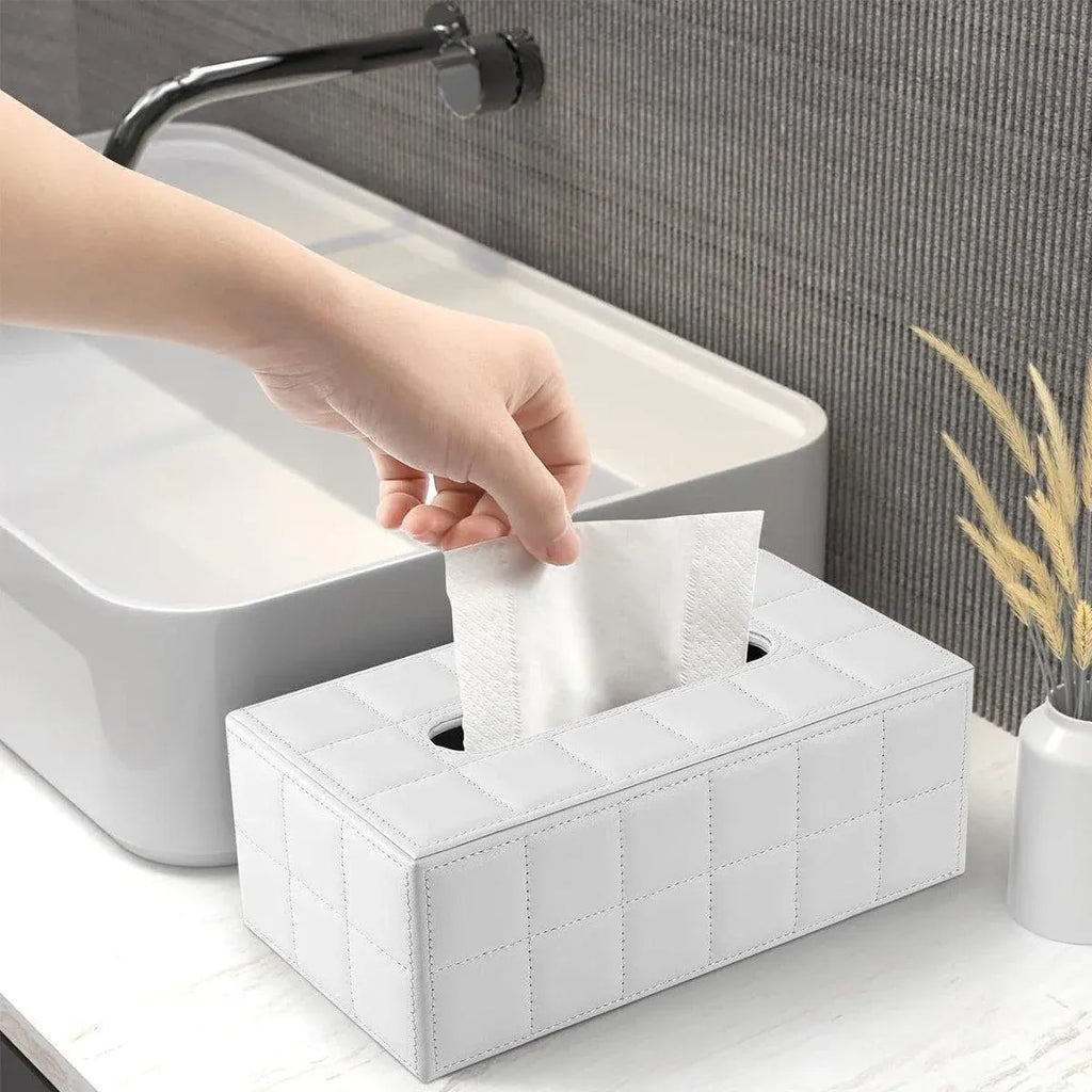 Leather Tissue Box Holder Rectangular Tissue Dispenser for Living Room Home - White