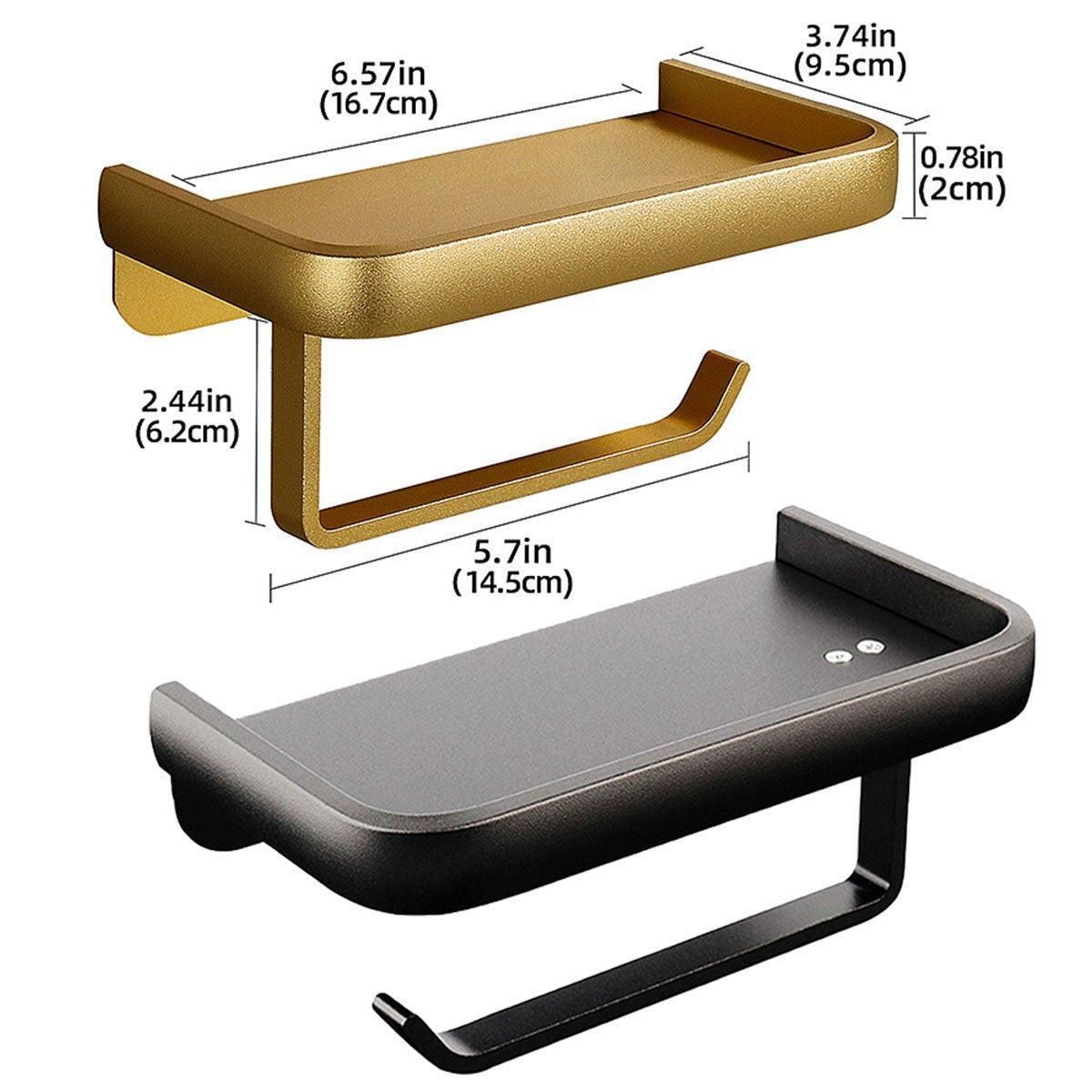 Wall Mounted Aluminum Toilet Paper Holder Non-perforated Tissue Cell Phone Shelf - Black