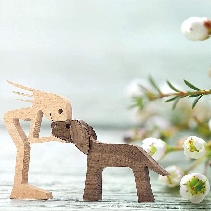 Handmade Wooden Statue Sitting Family and Dog Craft Home Decor - B01