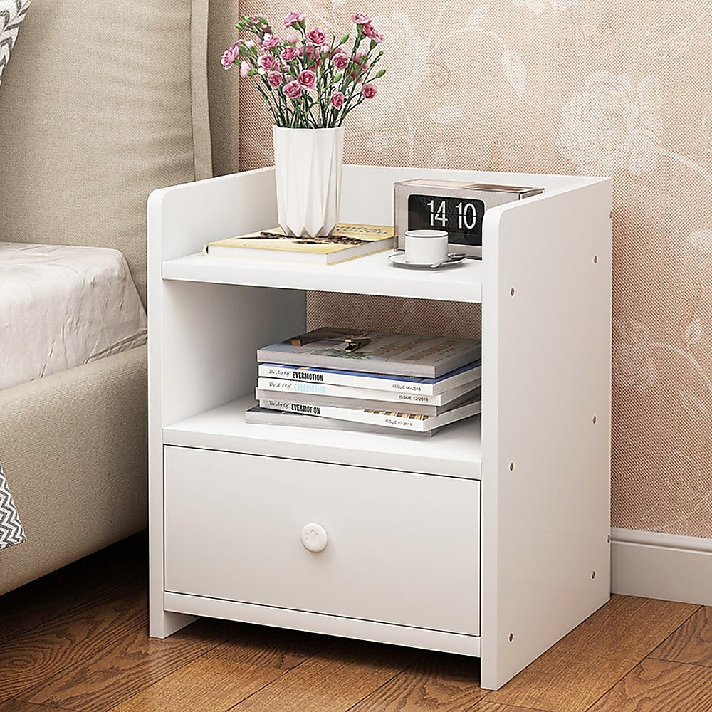 Bedside Table with Drawer and Recessed Shelf – White