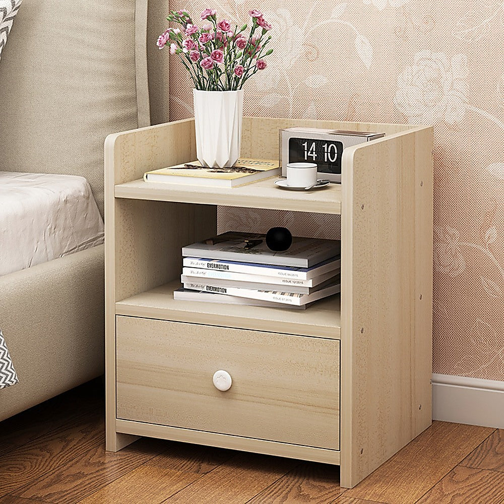 Bedside Table with Drawer and Recessed Shelf – Wood Look