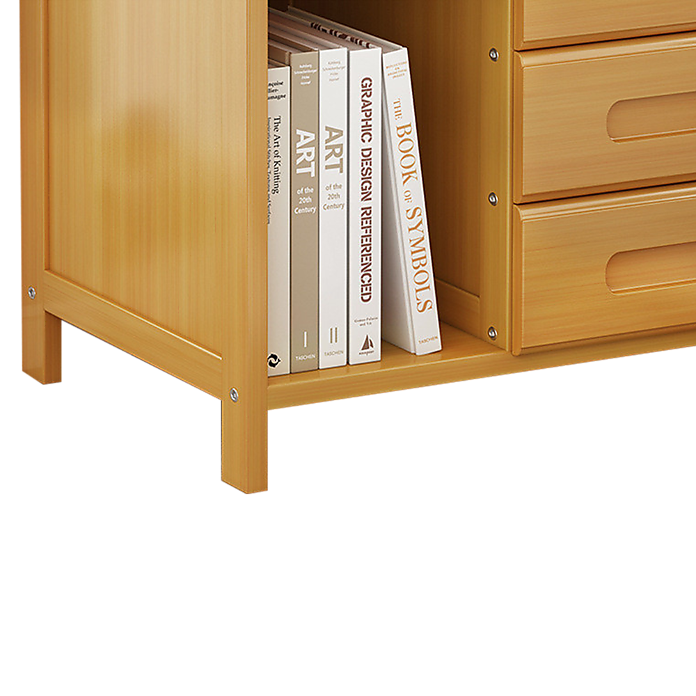Bamboo and MDF Bedside Table – Natural Wood, Three Drawers And One Open Shelf