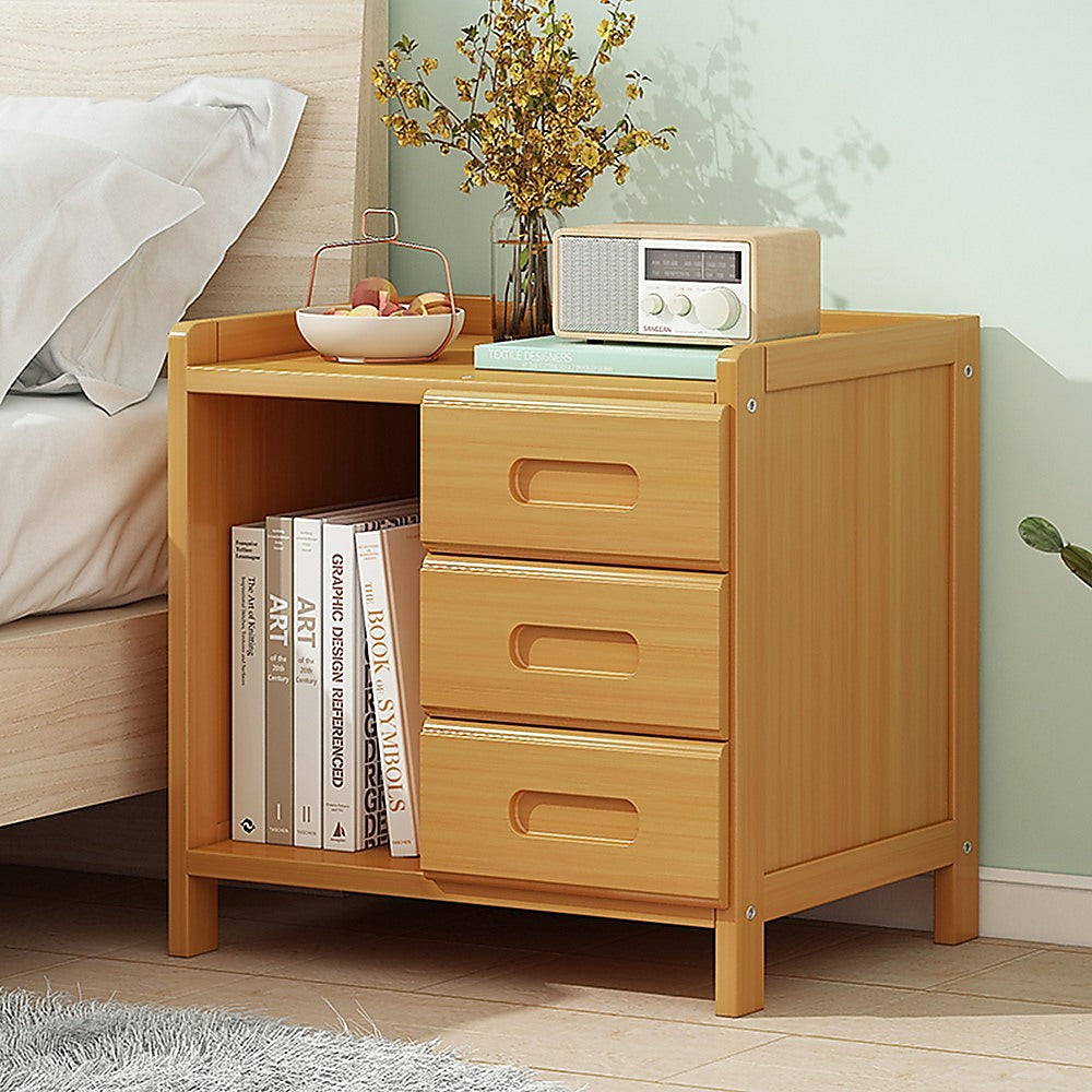 Bamboo and MDF Bedside Table – Natural Wood, Three Drawers And One Open Shelf
