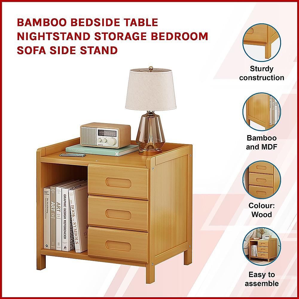 Bamboo and MDF Bedside Table – Natural Wood, Three Drawers And One Open Shelf