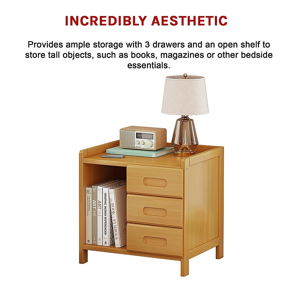 Bamboo and MDF Bedside Table – Natural Wood, Three Drawers And One Open Shelf