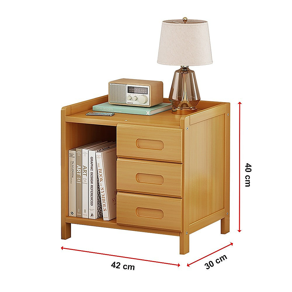 Bamboo and MDF Bedside Table – Natural Wood, Three Drawers And One Open Shelf