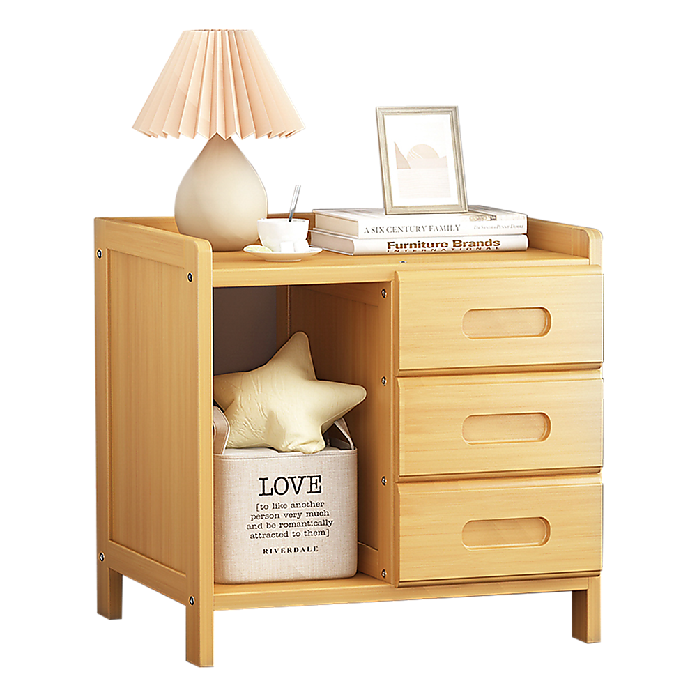 Bamboo and MDF Bedside Table – Natural Wood, Three Drawers And One Open Shelf