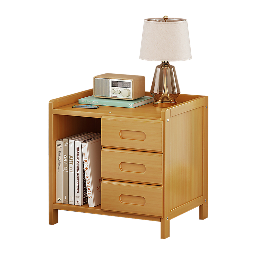 Bamboo and MDF Bedside Table – Natural Wood, Three Drawers And One Open Shelf