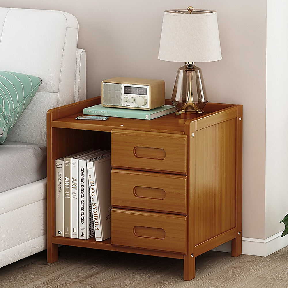 Bamboo and MDF Bedside Table – Dark Wood, Three Drawers And One Open Shelf