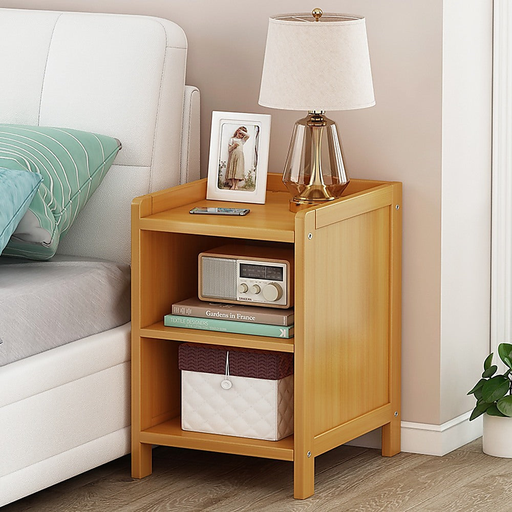 Bamboo and MDF Bedside Table – Natural Wood, One Open-Front Drawer And One Open Shelf