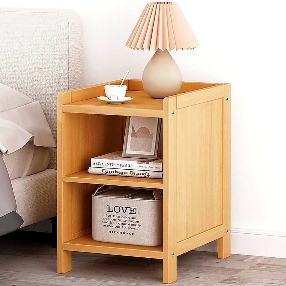 Bamboo and MDF Bedside Table – Natural Wood, One Open-Front Drawer And One Open Shelf