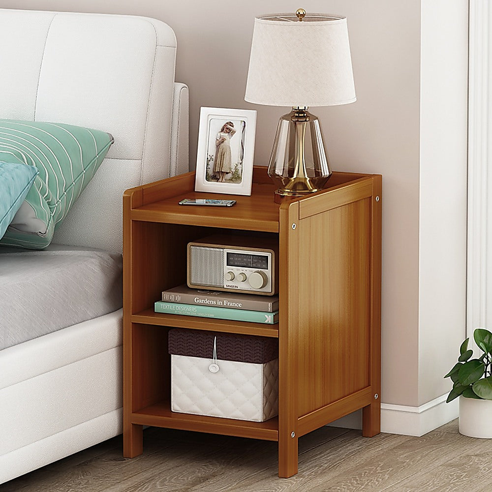 Bamboo and MDF Bedside Table – Dark Wood, One Open-Front Drawer And One Open Shelf