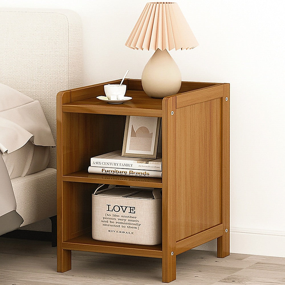 Bamboo and MDF Bedside Table – Dark Wood, One Open-Front Drawer And One Open Shelf