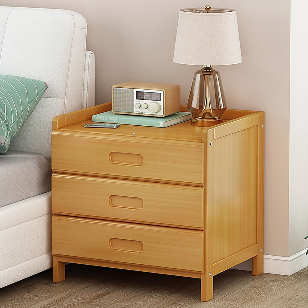 Bamboo and MDF Bedside Table – Natural Wood, Three Drawers