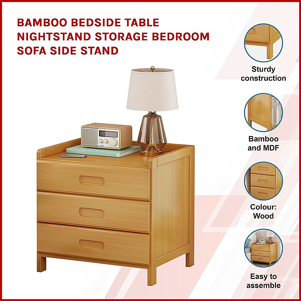 Bamboo and MDF Bedside Table – Natural Wood, Three Drawers