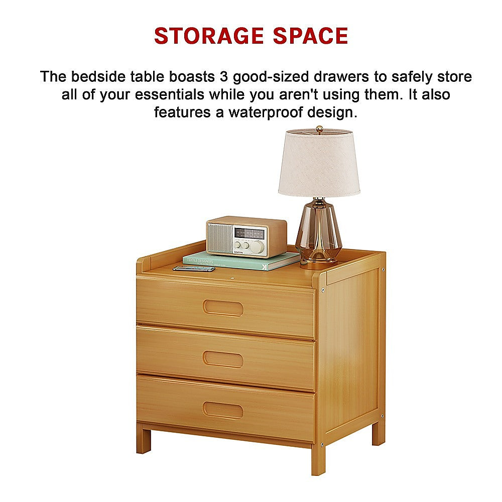 Bamboo and MDF Bedside Table – Natural Wood, Three Drawers