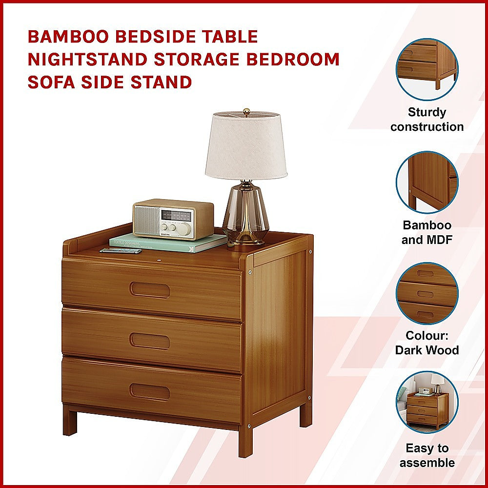 Bamboo and MDF Bedside Table – Dark Wood, Three Drawers