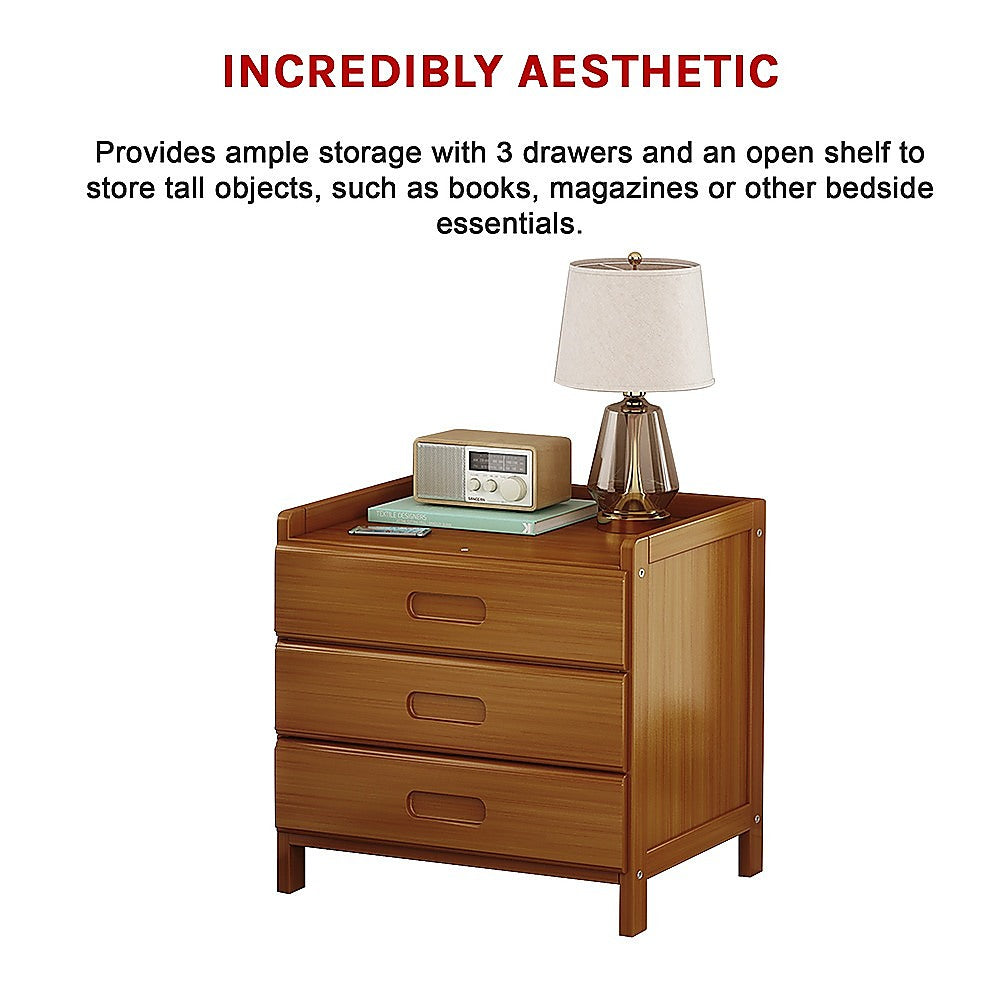 Bamboo and MDF Bedside Table – Dark Wood, Three Drawers