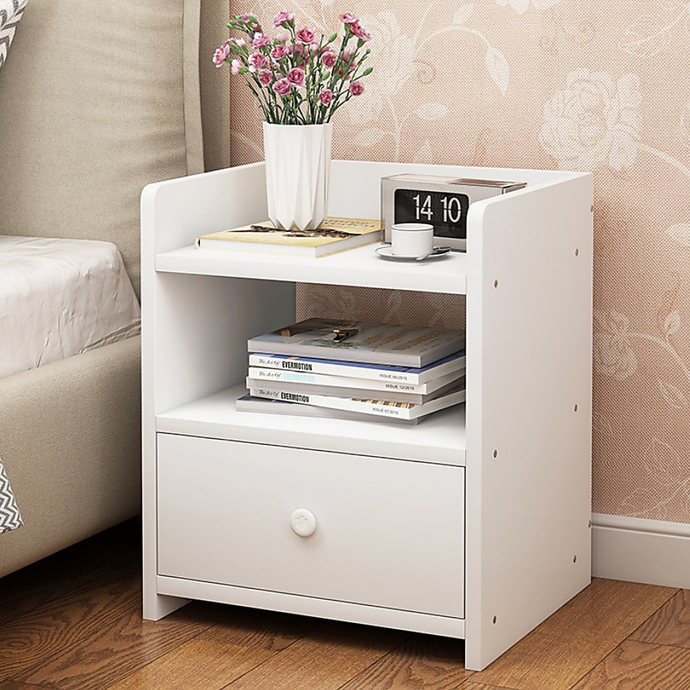 Bedside Table with Drawer and 2 Shelves – White