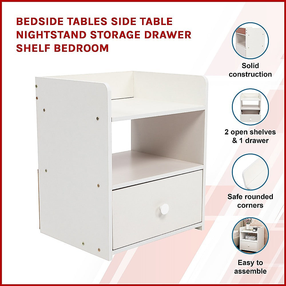 Bedside Table with Drawer and 2 Shelves – White