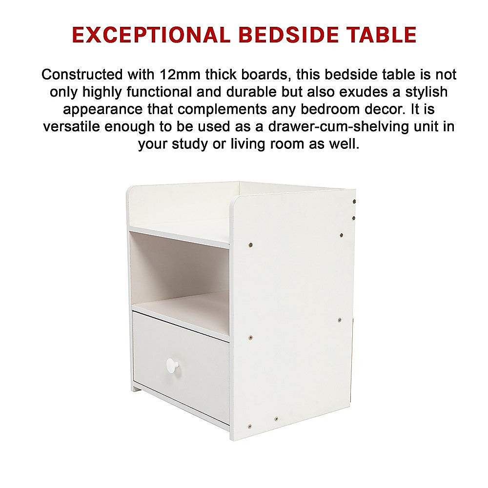 Bedside Table with Drawer and 2 Shelves – White