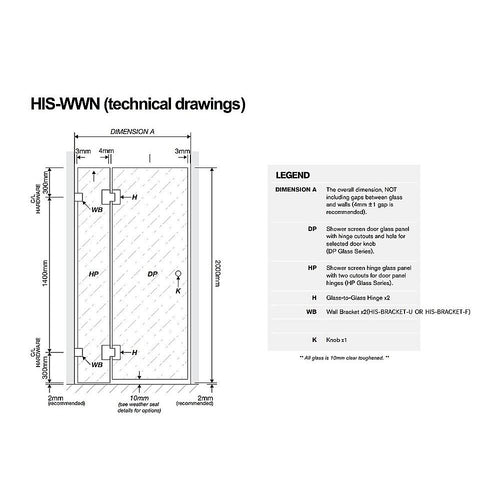 90cm Frameless Wall-to-Wall Shower Screen – Gold, Wall Brackets, Stainless-Steel Hinges, Square Knob Handle