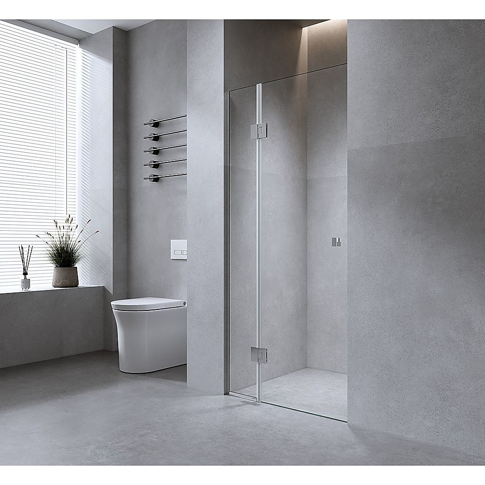 110cm Wall to Wall Frameless Shower Screen – Chrome Wall Channel and Floor Channel, SS Hinges & Round Knob Handle