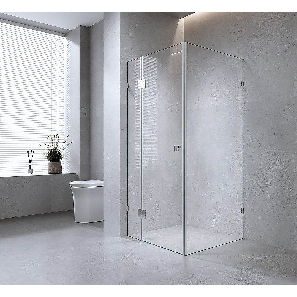 90x80cm Corner Frameless Shower Screen with Gold F-Brackets and Brass Hinges, Round Knob Handle