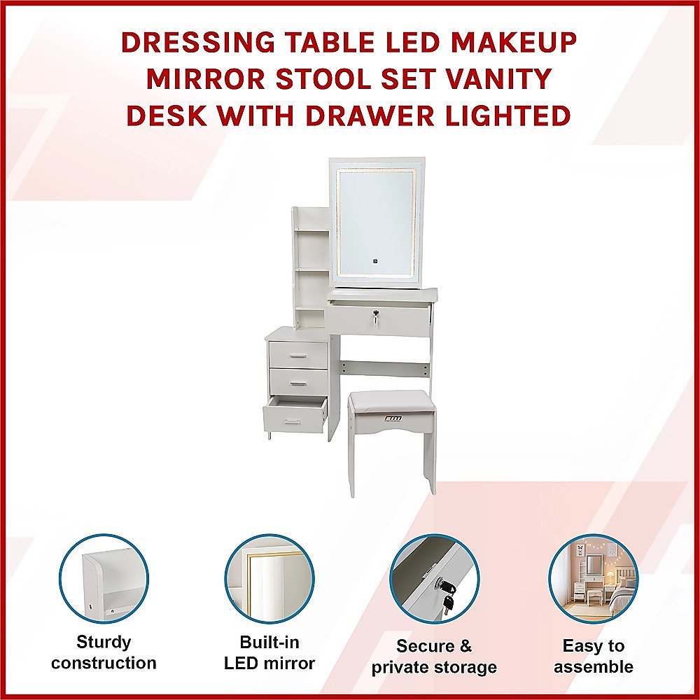 LED Dressing Table, Mirror & Stool Set – White