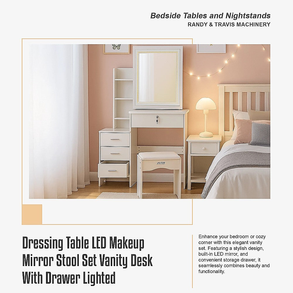 LED Dressing Table, Mirror & Stool Set – White