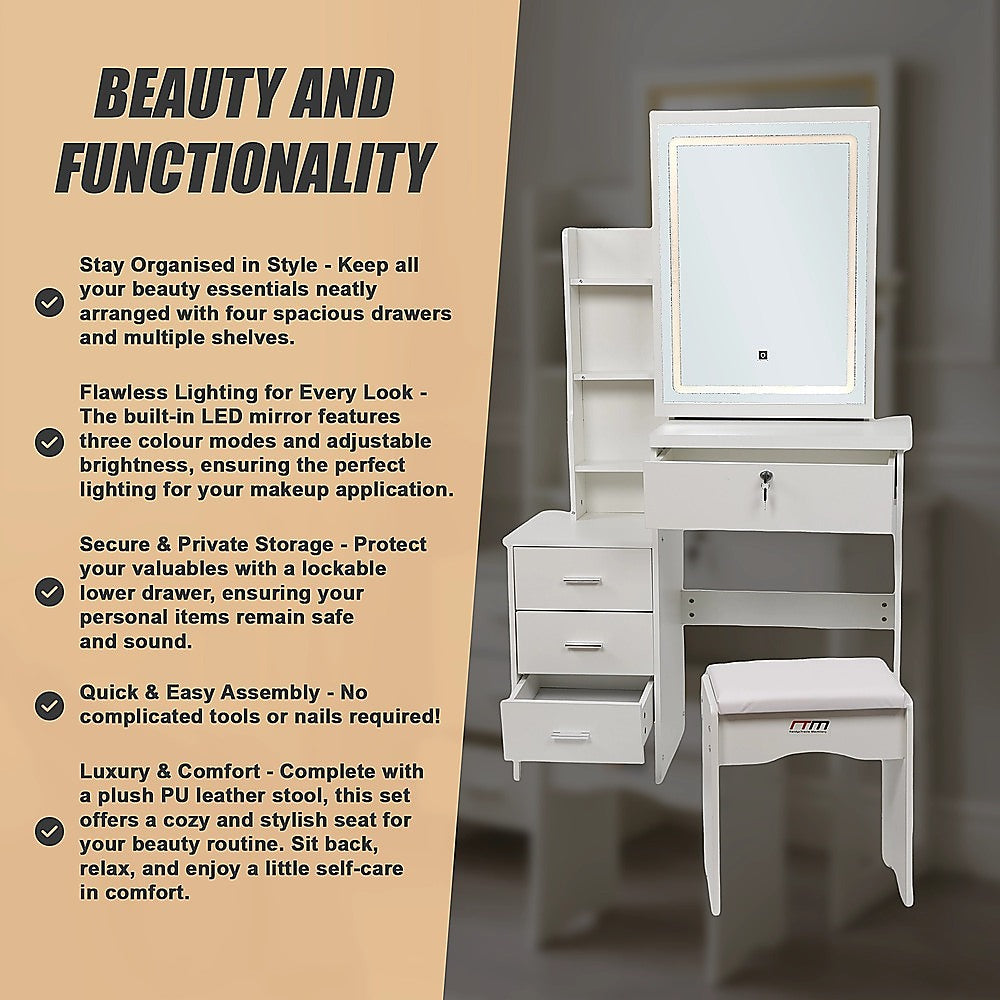 LED Dressing Table, Mirror & Stool Set – White
