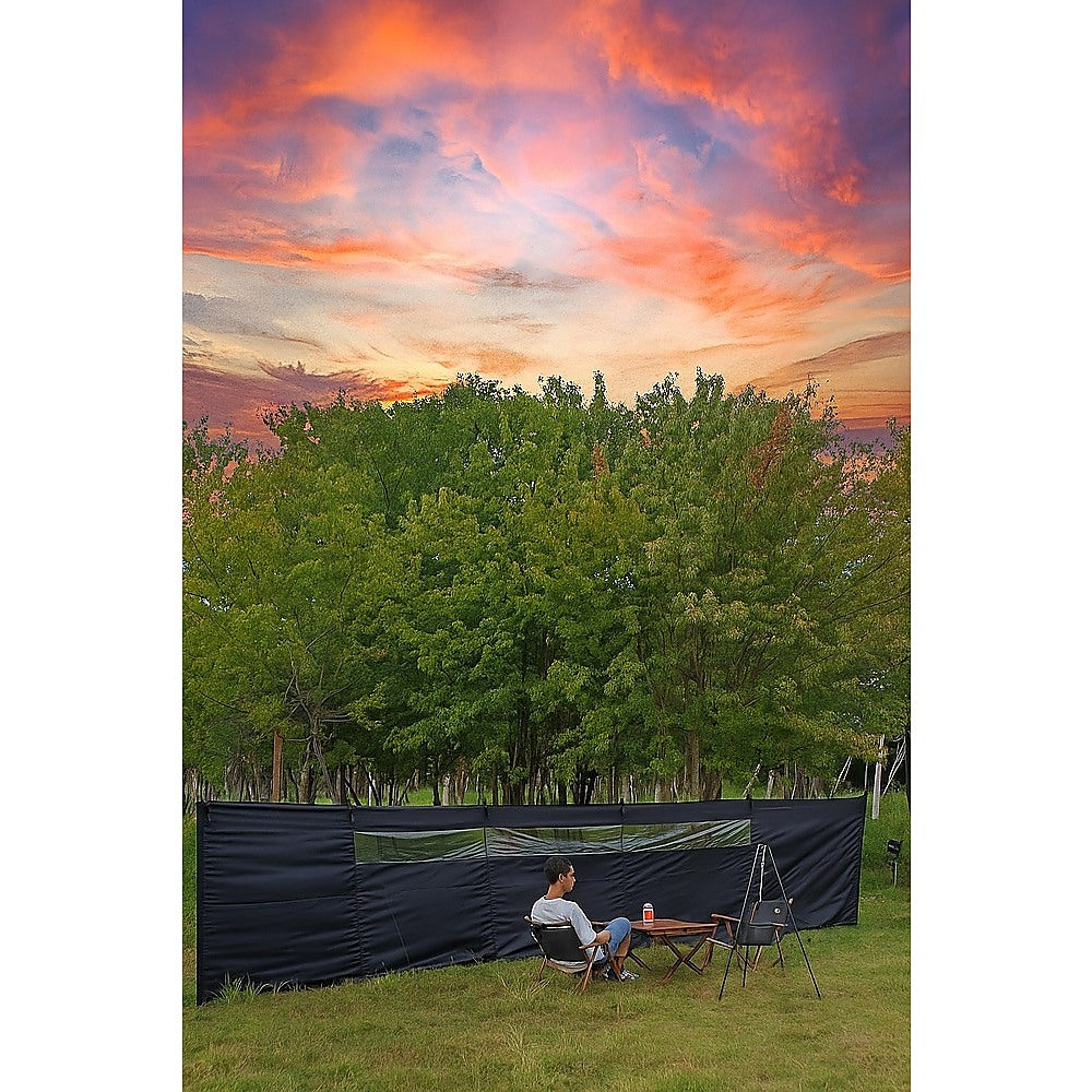 Camping Windbreak with Clear Windows & Carry Bag 725x140cm Black Outdoor Privacy Shelter