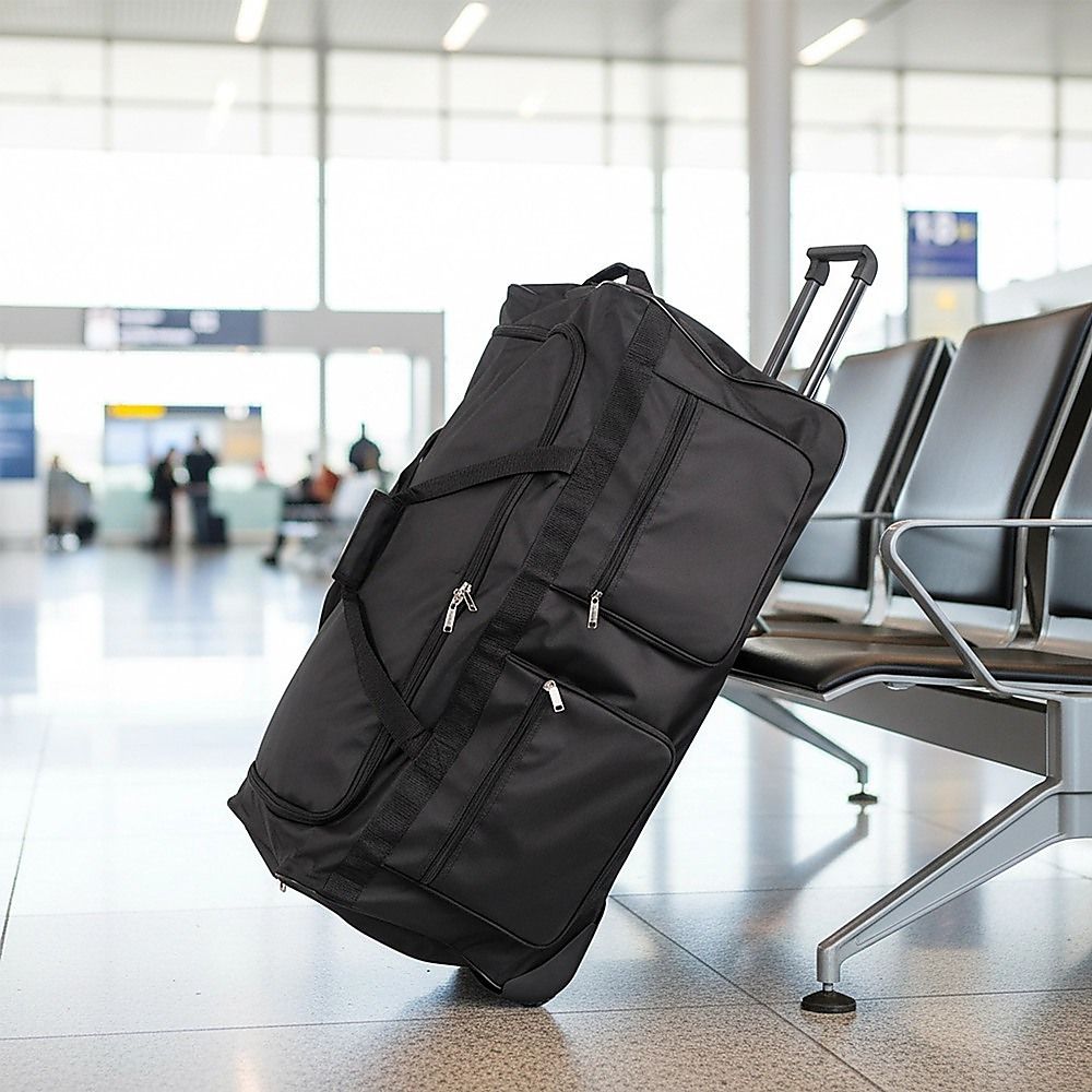 Large Black Wheeled Travel Duffle Bag Rolling Luggage Trolley for Sports and Getaways