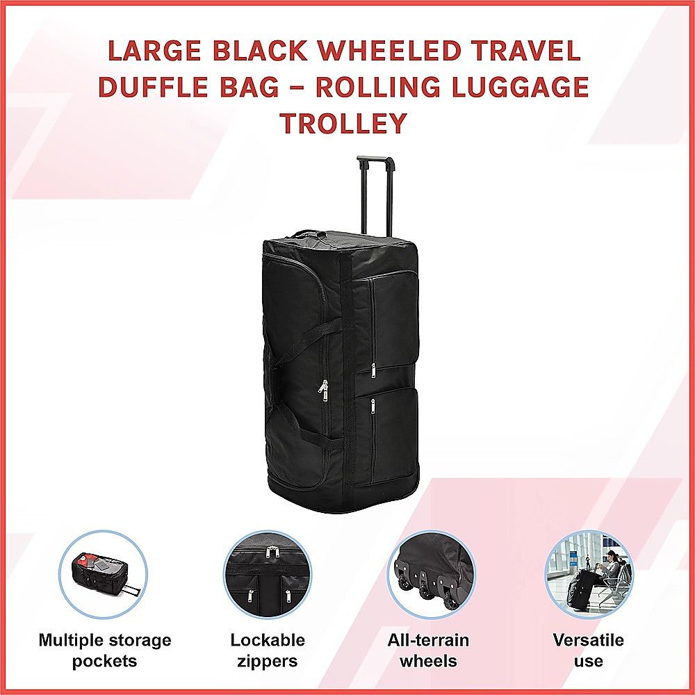 Large Black Wheeled Travel Duffle Bag Rolling Luggage Trolley for Sports and Getaways