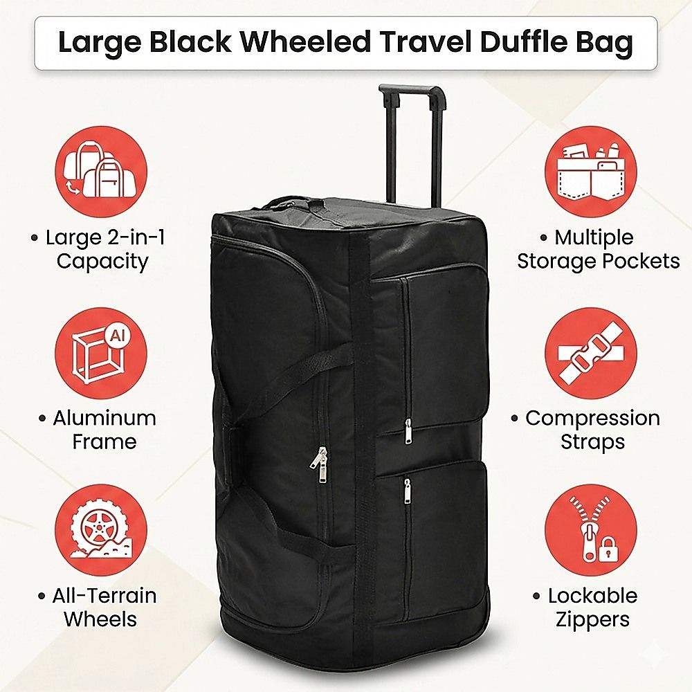 Large Black Wheeled Travel Duffle Bag Rolling Luggage Trolley for Sports and Getaways