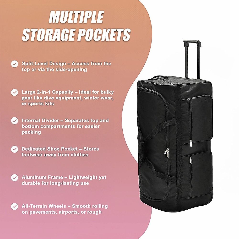Large Black Wheeled Travel Duffle Bag Rolling Luggage Trolley for Sports and Getaways