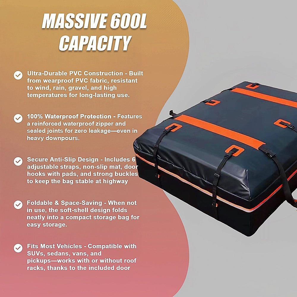 600L Car Roof Bag Cargo Carrier – Large Waterproof Rooftop Luggage Rack Storage