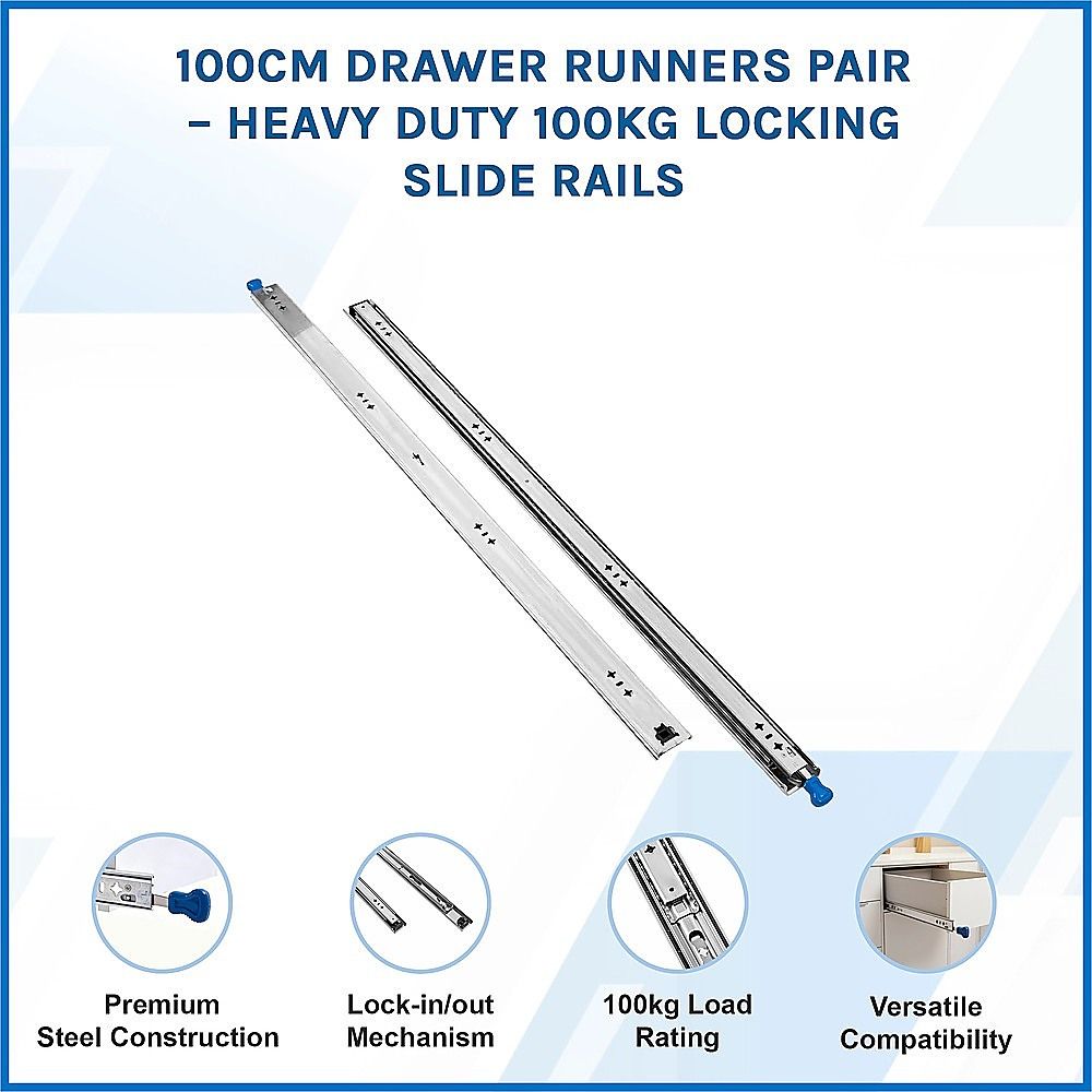 100cm Drawer Runners Pair – Heavy Duty 100kg Locking Slide Rails