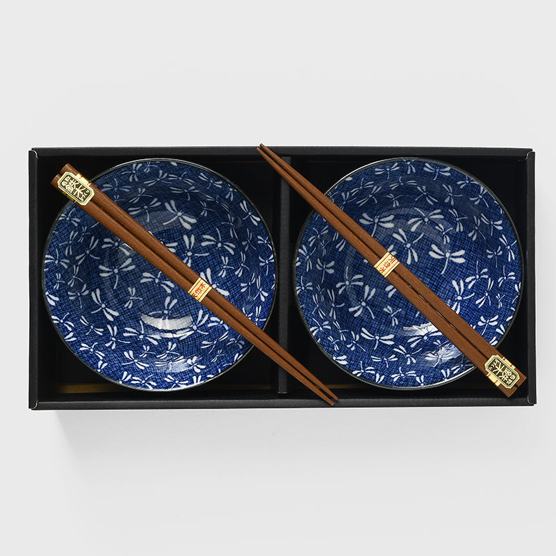 Indigo Dragonfly 2-Piece Bowl & Chopstick Set