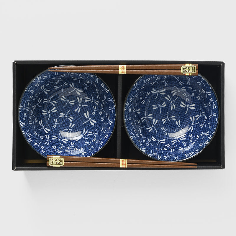 Indigo Dragonfly 2-Piece Bowl & Chopstick Set