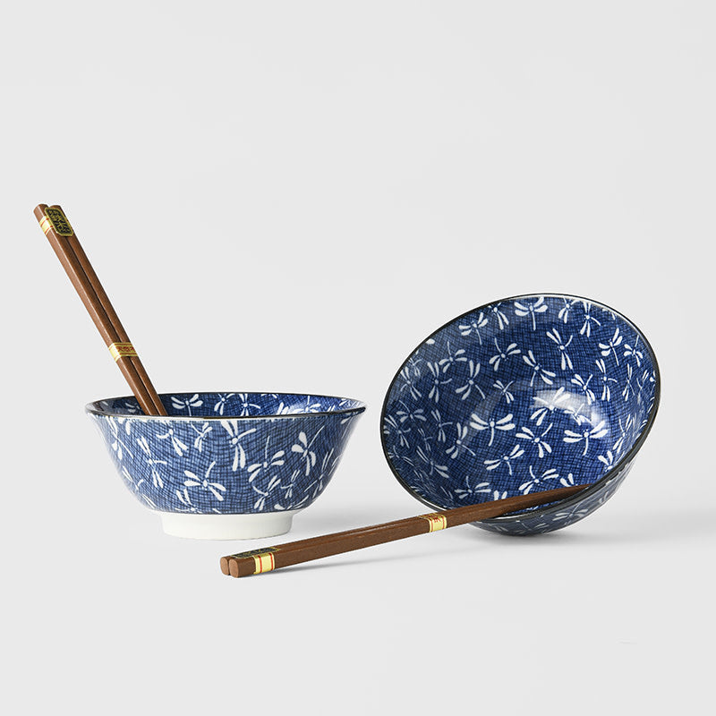 Indigo Dragonfly 2-Piece Bowl & Chopstick Set