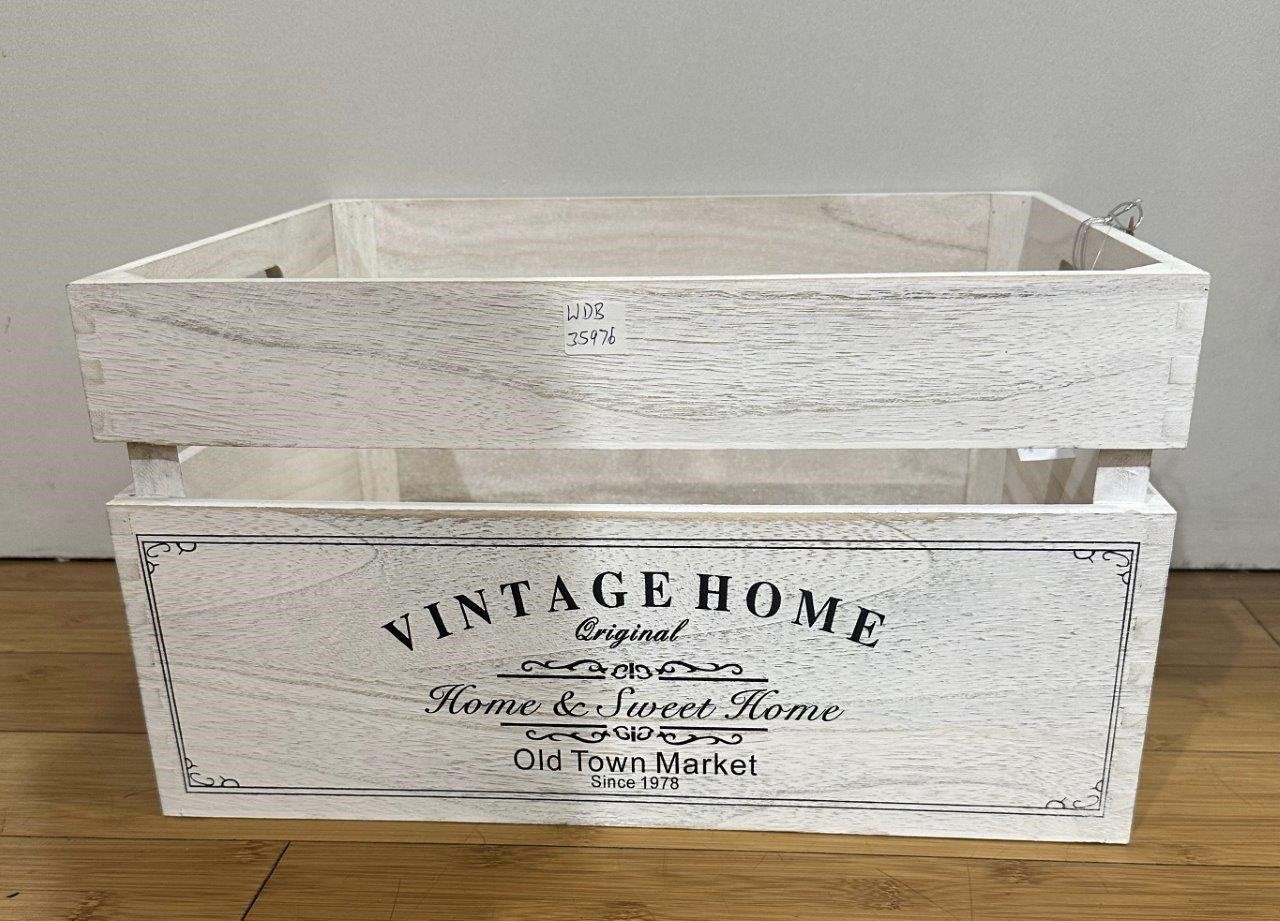 Vintage White-Wash Wooden Storage Crate