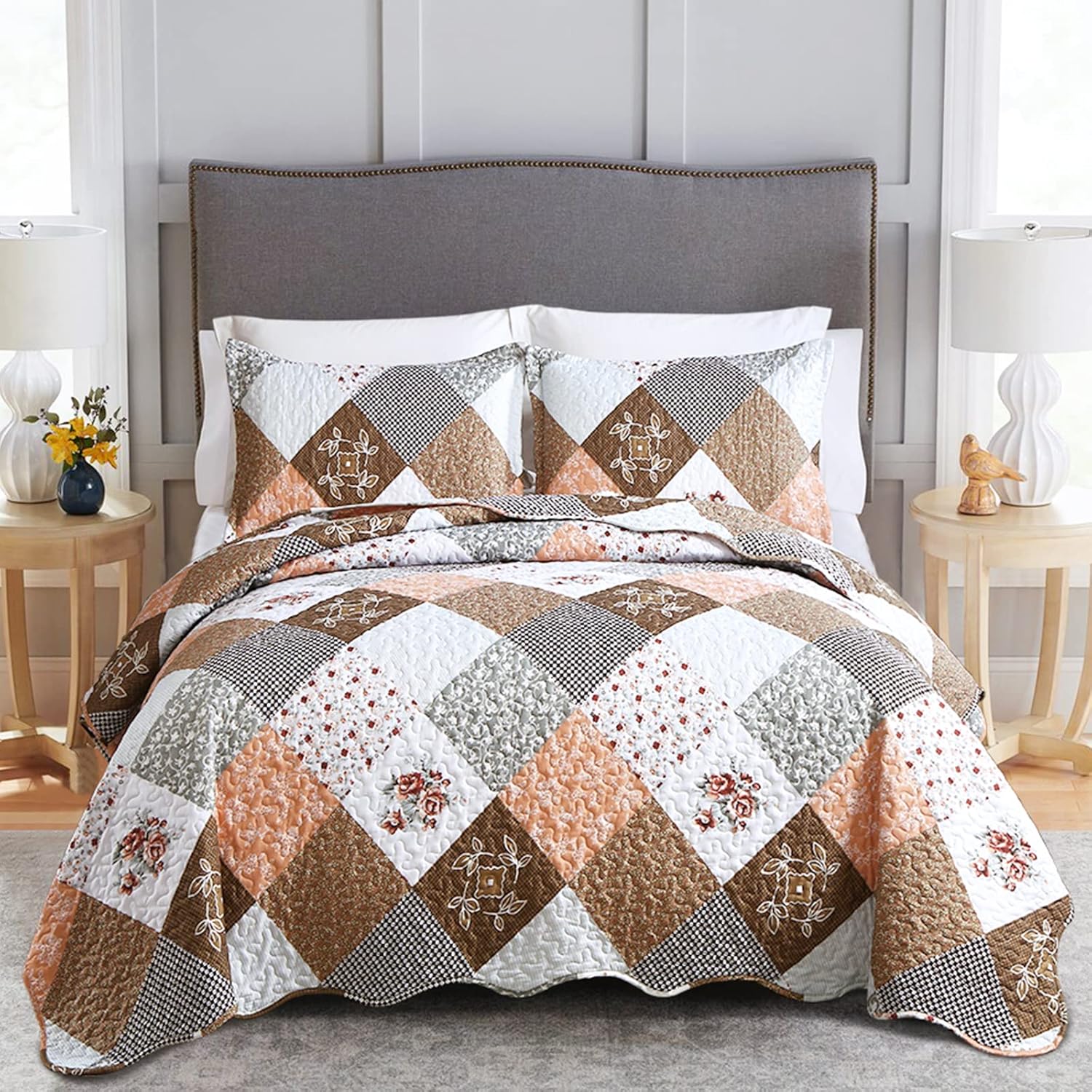 Rust Brown Patchwork 3-Piece Reversible Bedspread Set – XL