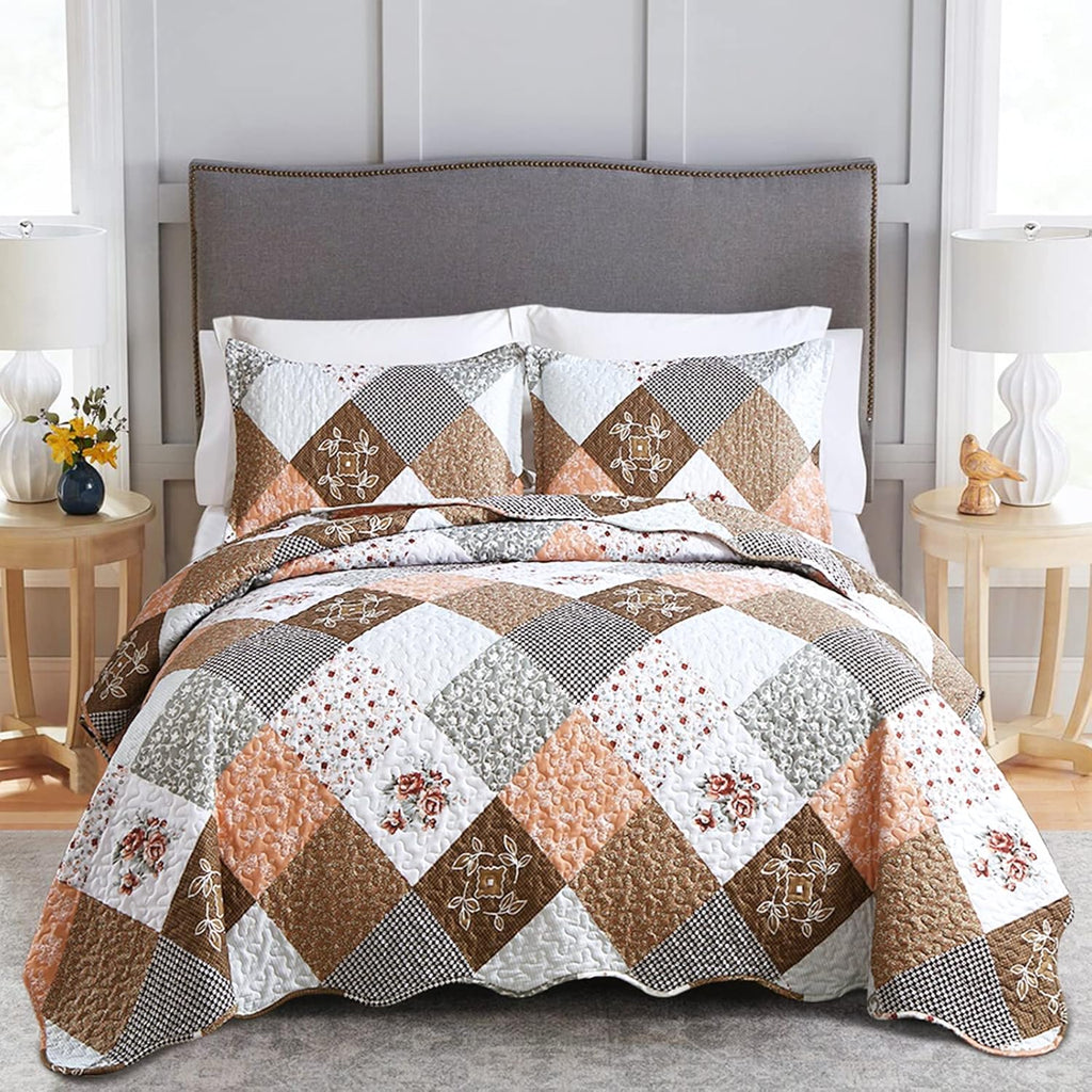 Rust Brown Patchwork 3-Piece Reversible Bedspread Set