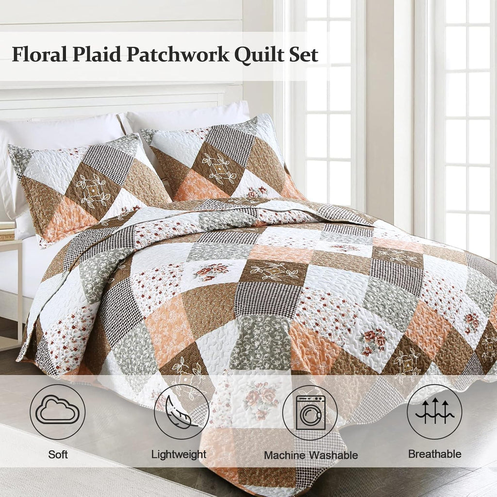 Rust Brown Patchwork 3-Piece Reversible Bedspread Set