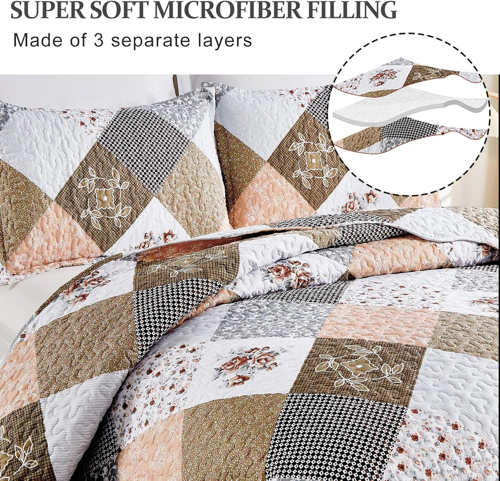 Rust Brown Patchwork 3-Piece Reversible Bedspread Set