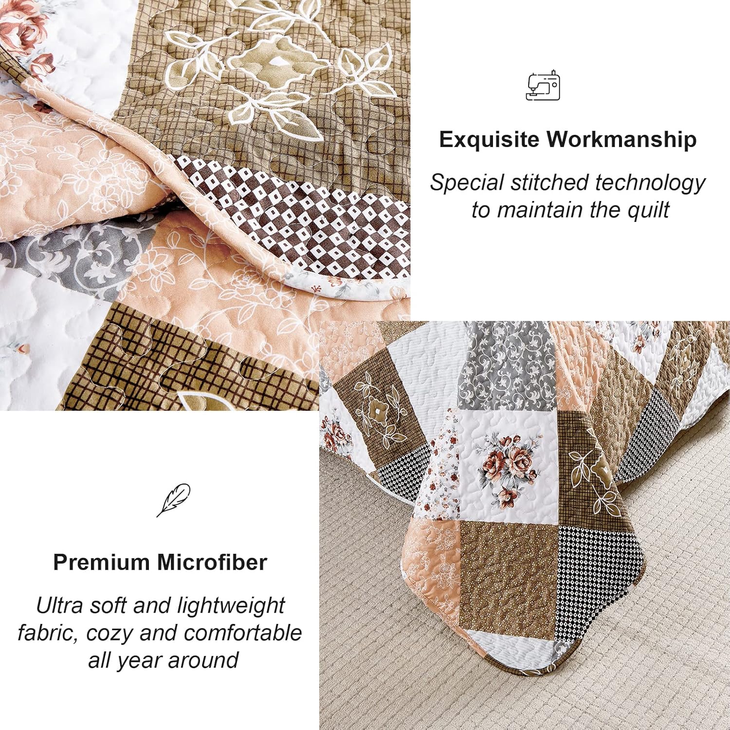 Rust Brown Patchwork 3-Piece Reversible Bedspread Set