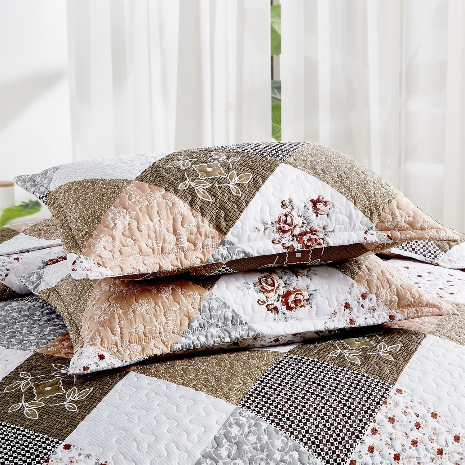 Rust Brown Patchwork 3-Piece Reversible Bedspread Set