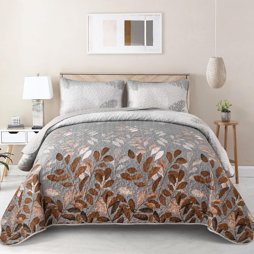 Rust Grey Floral 3-Piece Reversible Bedspread Set