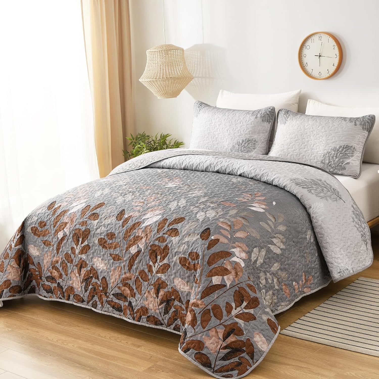 Rust Grey Floral 3-Piece Reversible Bedspread Set